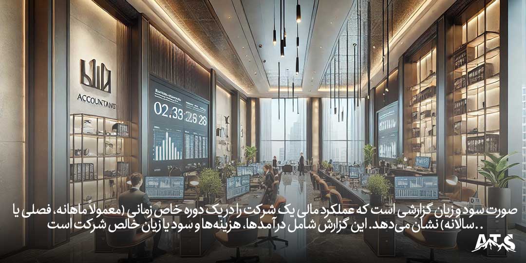 تصویر نشاندهنده صورت سود و زیان یک شرکت که عملکرد مالی آن را در یک دوره زمانی خاص با نمایش درآمدها، هزینهها و سود یا زیان خالص نشان میدهد