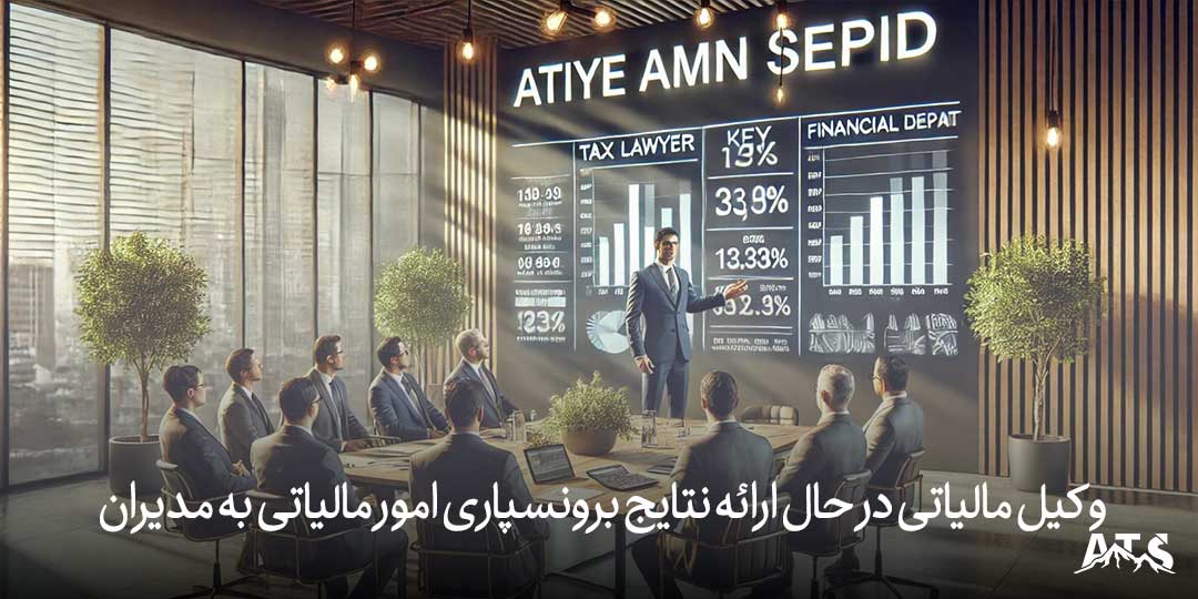 وکیل مالیاتی در حال ارائه نتایج برونسپاری امور مالیاتی به مدیران